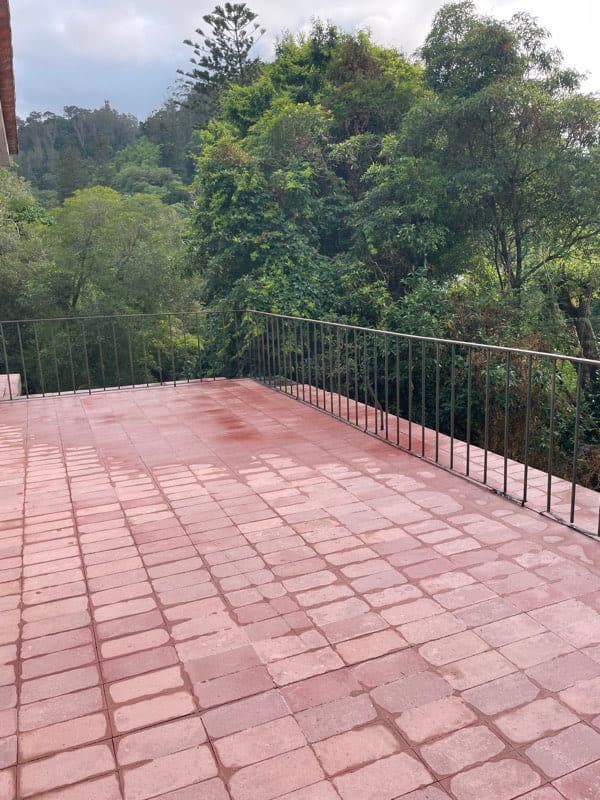 Pátio em tijolo com sujidade e musgo antes de limpeza